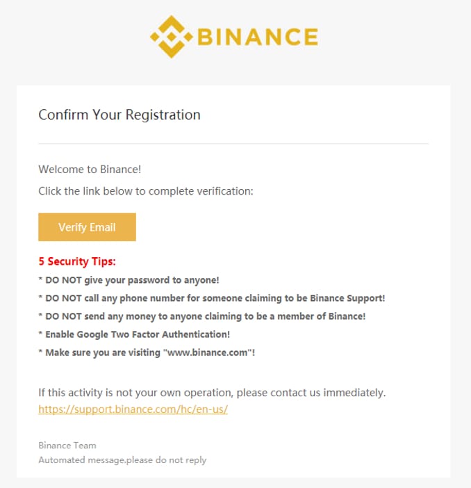 confirm registration on Binance